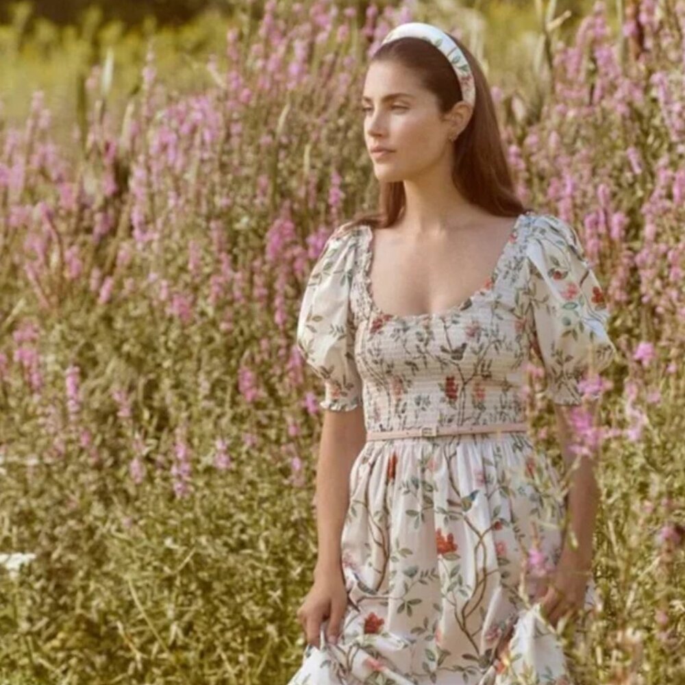 Hill House Cream Floral Midi Dress with Pink & Green Print